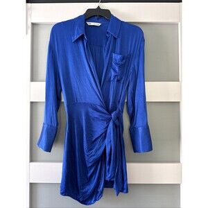 Zara Blue Satin Wrap Mini Long Sleeves  V-neck Elegant Satin Dress Size M